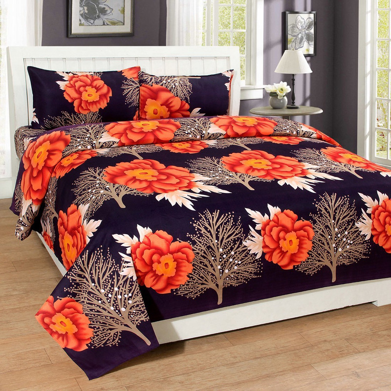 indian gsm handloom 144 TC Microfiber Double Floral Bedsheet(Pack of 1, Blue)