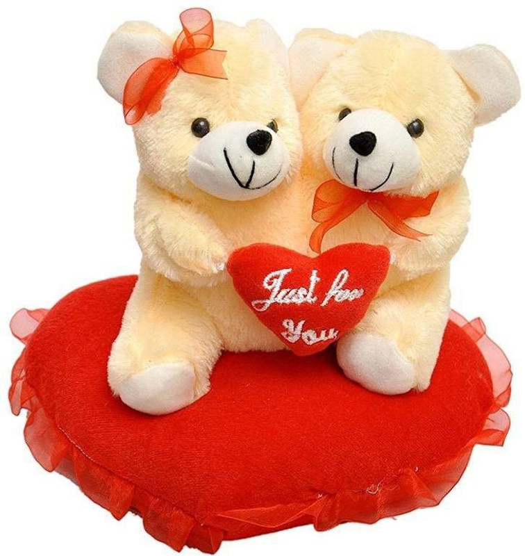 toyjoy Soft Toy Cute "Couple "Teddy Bear on Heart Pillow Someone Special Lovely Colour for Birthday Gift/Valentine Day Gift/for Kids Birthday/ (22cm) (Biege)  - 22 cm(Beige)