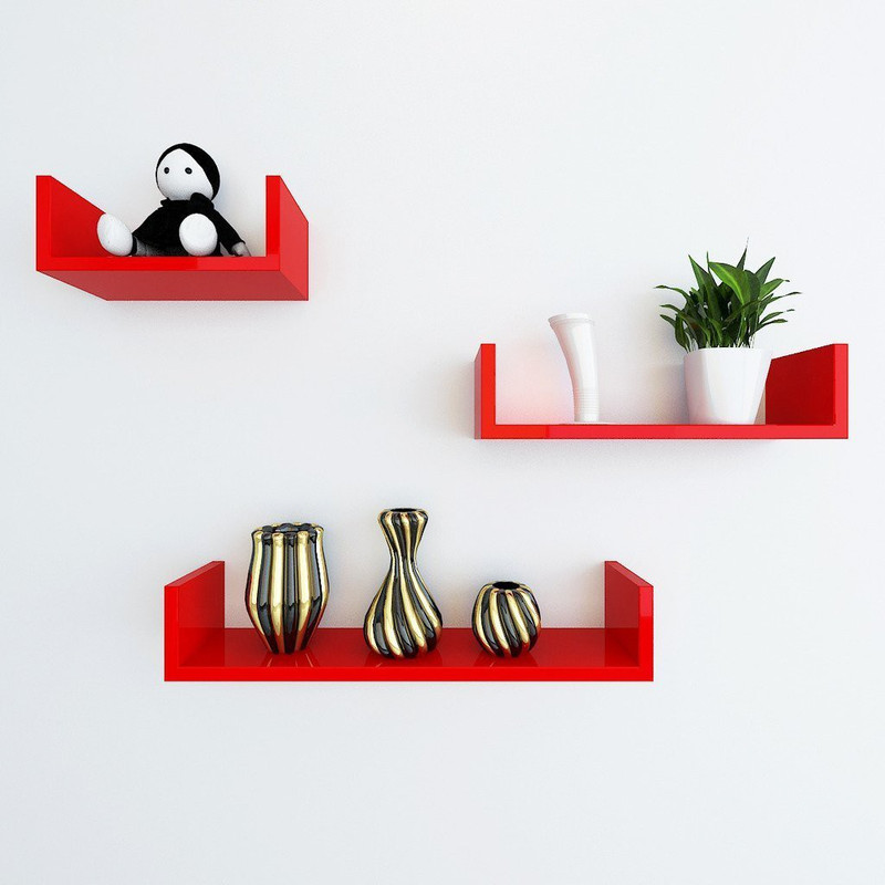 wood in style wall shelf MDF (Medium Density Fiber) Wall Shelf(Number of Shelves - 3, Red)