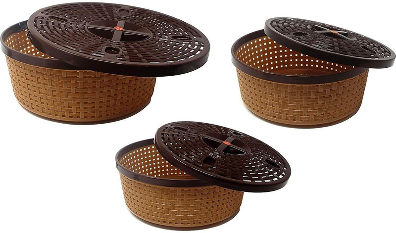 nakoda (Set of 3) Premium Quality Plastic Tapered Nakoda Hollow Galaxy Round Basket Woven Storage Box/Organizer / bin/Basket with lid and Holding Space (Beige) (Beige) Plastic Fruit & Vegetable Basket(Beige)