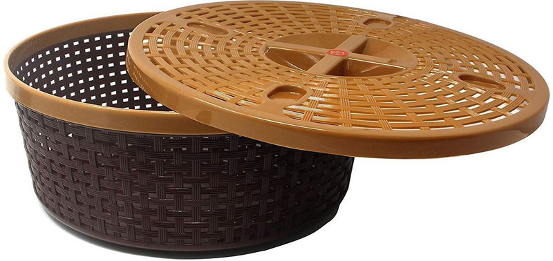 nakoda (Set of 3) Premium Quality Plastic Tapered Nakoda Hollow Galaxy Round Basket Woven Storage Box/Organizer / bin/Basket with lid and Holding Space (Brown) Plastic Fruit & Vegetable Basket(Brown)