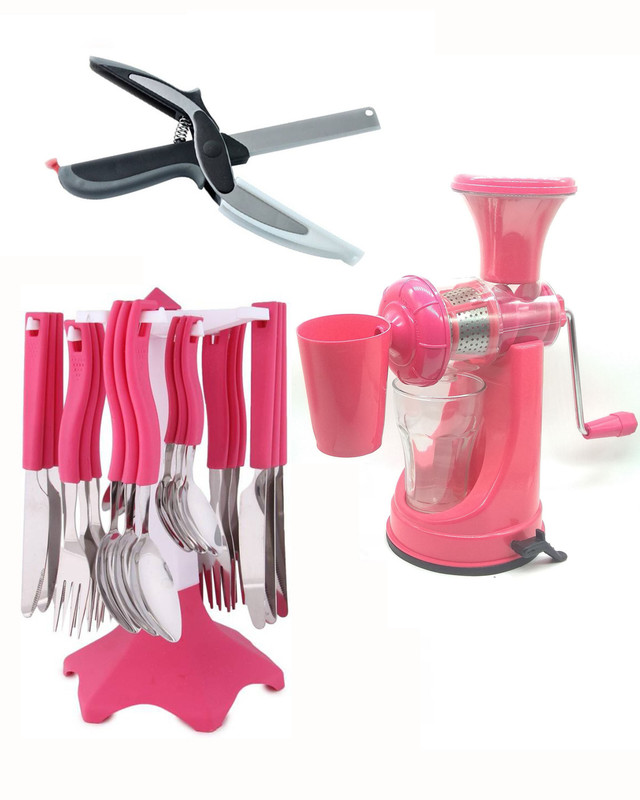 yakeen Ambition Pro (+) Pink Juicer With Vegetable Clever Cutter (Combo) And Pink Cutlery Set ( 6 Baby Spoon And 6 Butter Knife And 6 Dessert Fork And 6 Dessert Spoon ) Abs Plastic Pink Kitchen Tool Set 0 Pink Kitchen Tool Set(Pink)