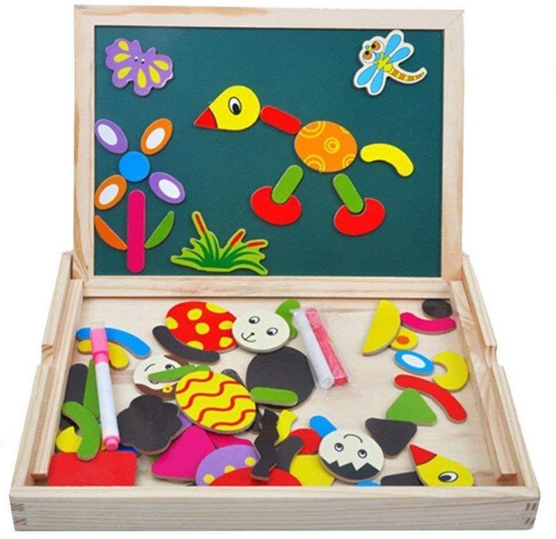 Authfort Wooden Double Side Drawing Writing Board Magnetic Puzzle Game Toy Set Boys Girls(Multicolor)