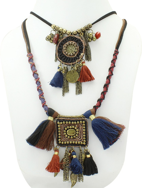 fashionly Hand Crafted Multicoloured Cotton Tassel Crystal Brass Plated Leather Necklace