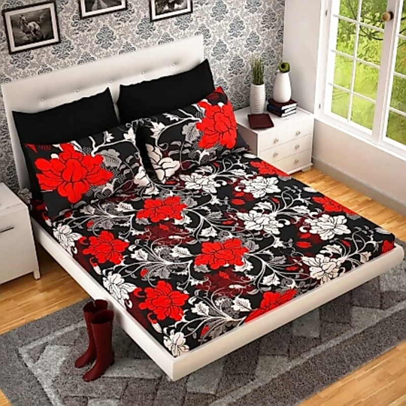 bees bliss 144 TC Polycotton, Cotton Double Floral Bedsheet(Pack of 1, Black)