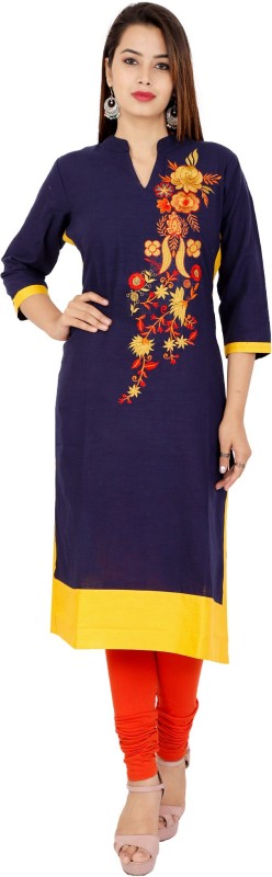 Highlight Fashion Export Women Embroidered Straight Kurta(Purple, Yellow)
