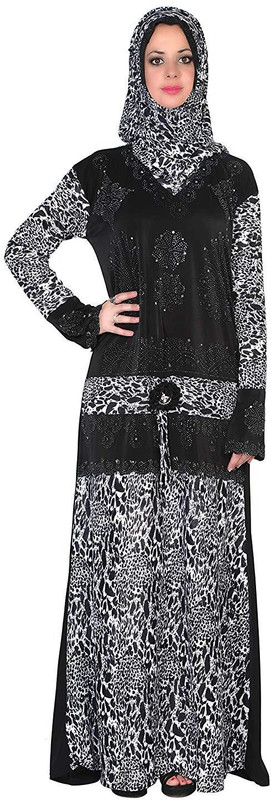 sofias ETHNIC ISLAMIC ABAYA AL NIDA FABRICS CYSTAL LYCRA Abaya With Hijab(Black, White)