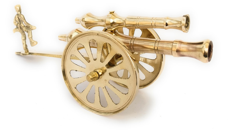 nxtdoor Pure Brass Double Barrel Cannon with one Soldier Stand To position---- Size 23.5 Cms 350GMs Decorative Showpiece  -  6.5 cm(Brass)