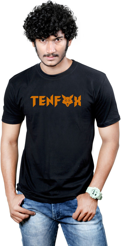 tenfox Typography Men Round or Crew Black T-Shirt