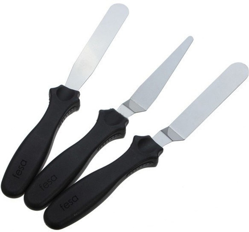fesa Cake Decorating Spatula, 3 Pieces Fondant Cream Stainless Steel Scraper Smoother, Cake Angled Icing Spatula Knives Black Kitchen Tool Set(Black)