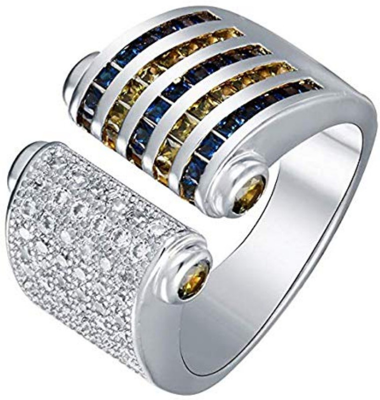 keyline Beautiful Front cut Platinum Plated Blue And Yellow American Diamond Stylish Ring For Girls Women (15.0) Copper Zircon Platinum Plated Ring