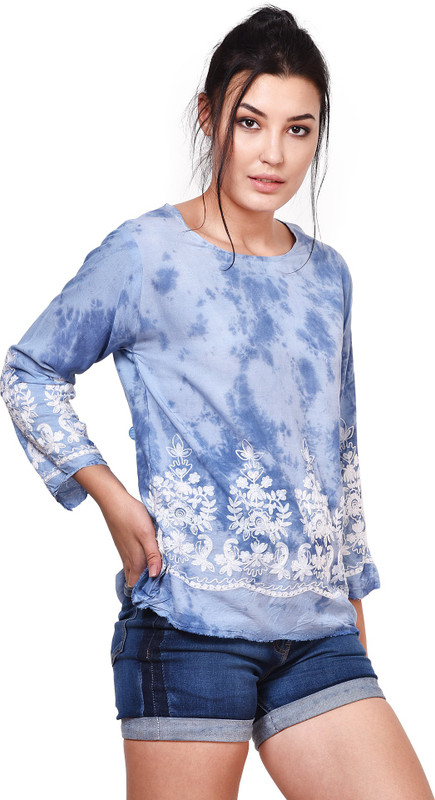 shaisha wears Casual Regular Sleeve Embroidered Women Light Blue Top