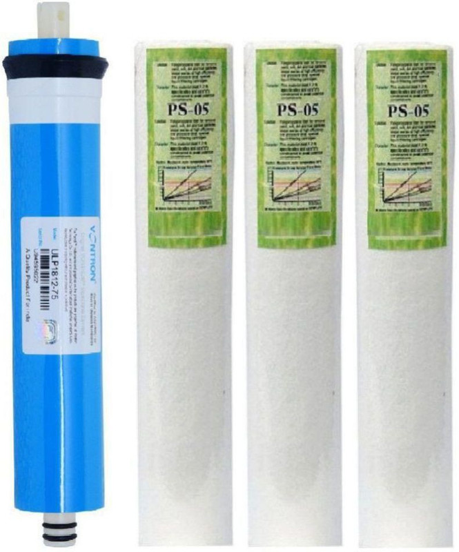 purerite PS-05 Spun Filter PP for domestic water systems Service Solid Filter Cartridge (0.0005, Pack of 4)+ RO Membrane 75 gpd Blue Dry TFC Solid Filter Cartridge(.5, Pack of 4)