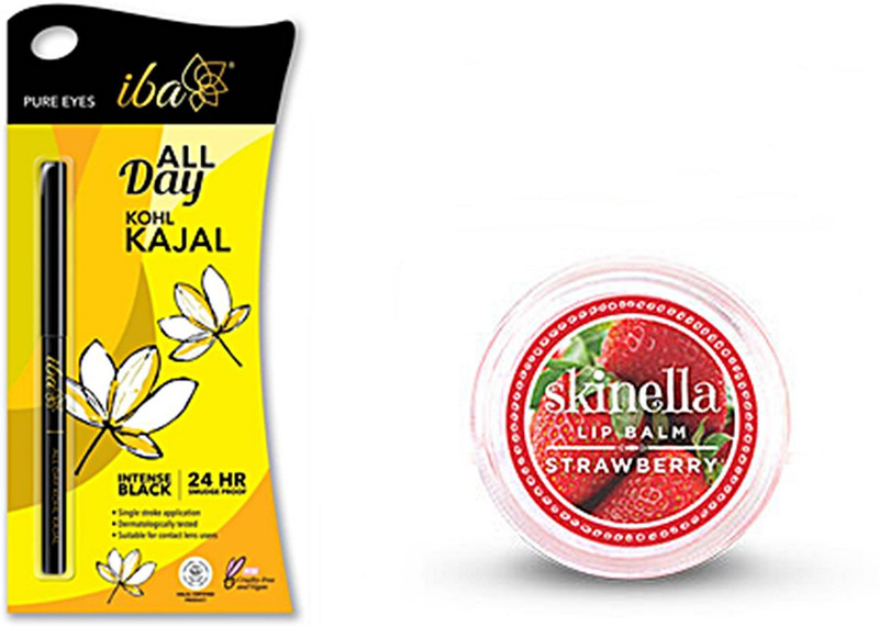 skinella Strawberry Lip Balm and All Day Kohl Kajal (Jet Black)(Set of 2)