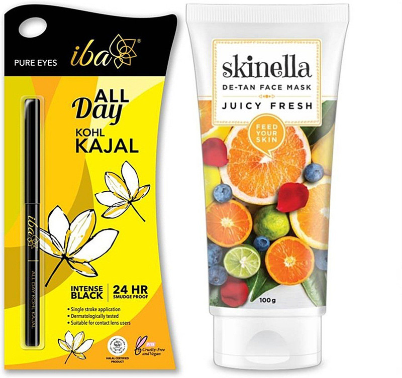 skinella All Day Kohl Kajal (Intense Black) and Juicy Fresh De-Tan Face Mask(Set of 2)