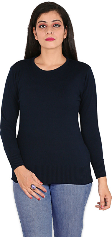 western vastra Solid Round Neck Casual Women Dark Blue Sweater