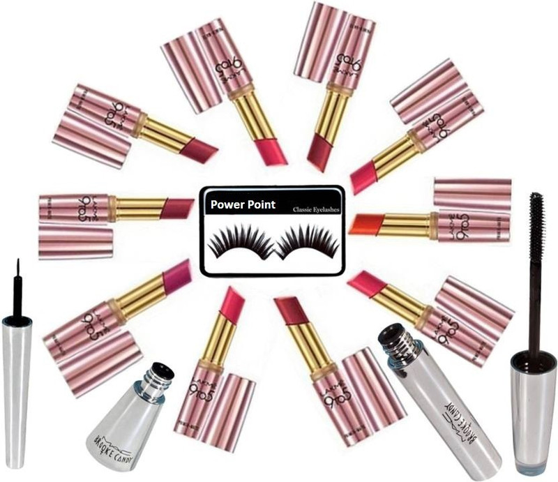 powerpoint eyelashes with Lakme 9 to 5 Primer + Matte Lipstick (set of 10 ) & brooke candy eyeliner & mascara(13 Items in the set)