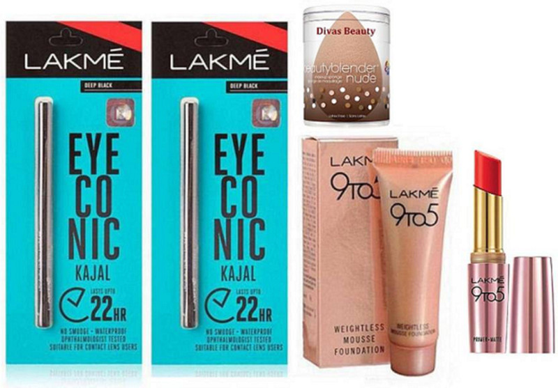 divas beauty Puff, Lakme 9to5 Primer +matte Lipstick & Mousse Foundation,Eyeconic Kajal Pack Of 2(5 Items in the set)