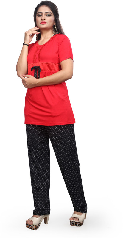 little pink Women Polka Print Red, Black Top & Pyjama Set