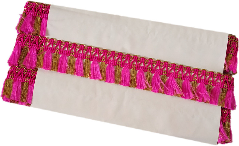 hariyanilace new beast fancy lace with pink gold mini tassels Lace Saree Falls(Pink, Gold)