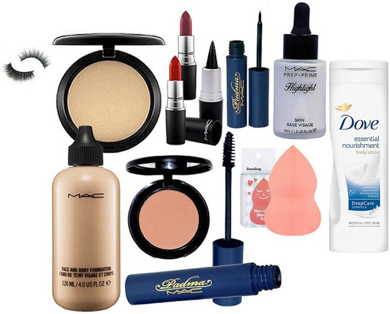 dazzling Sponge Puff & Face And Body Foundation,Compact , Blusher & 2 Lipstick & Padma Eyeliner & Mascara, Stick Kajal, Eyelashes & Highlighter & Dove essiantial Nourishment Body Lotion (Set of 12)(12 Items in the set)