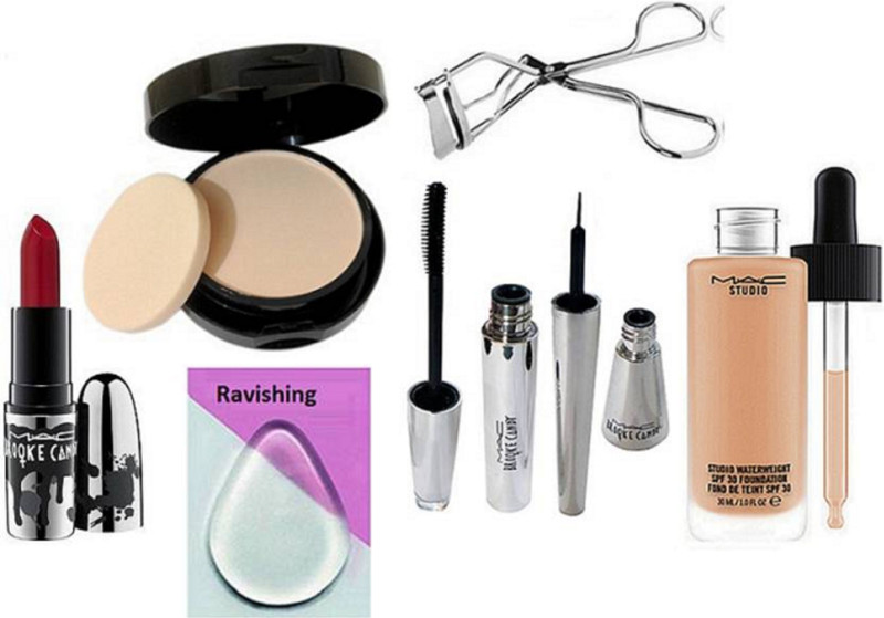 ravishing Silicon Puff,Studio Waterweight Foundation,Brooke Candy Lipstick,Eyeliner,Mascara,Eyelashes Curler With Compact(7 Items in the set)
