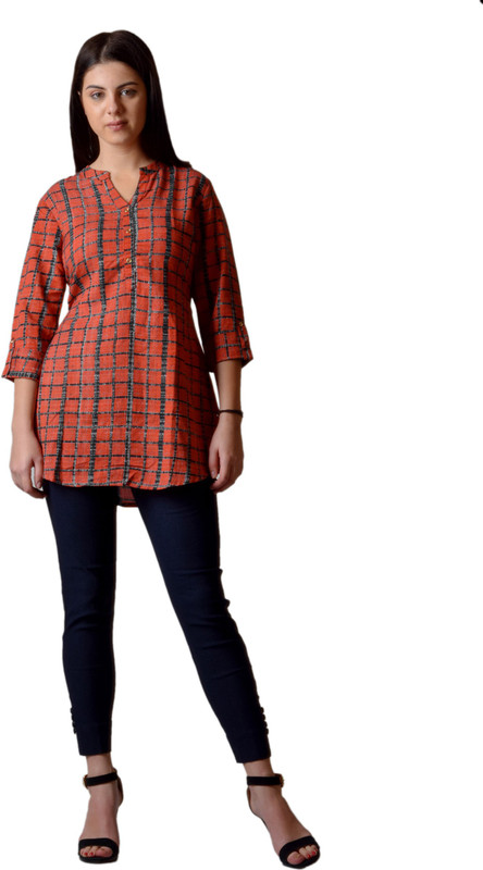aa trendz Casual Checkered Women Kurti(Orange)