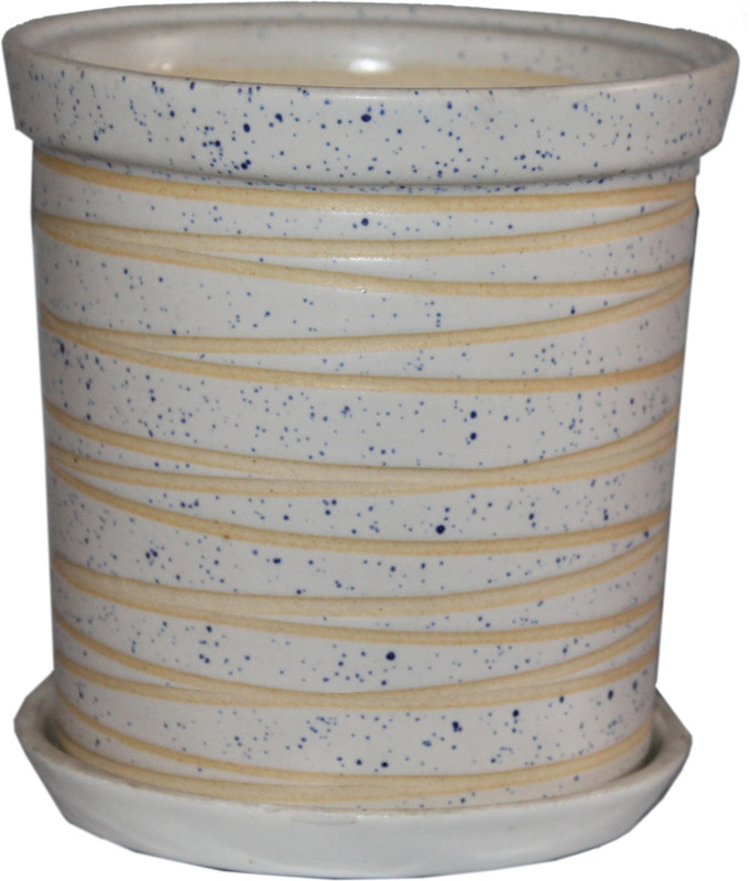 my green thumb Ceramic planter pot with bottom tray/plate/saucer | My Green Thumb| Handmade clay/porcelain pottery| For Indoor, Outdoor, Windowsill, balcony home, garden and office decor| 6” (14.5cmX14.5cm) White color with beige stripes (Pack of 1 with tray) Plant Container(Ceramic, External Height
