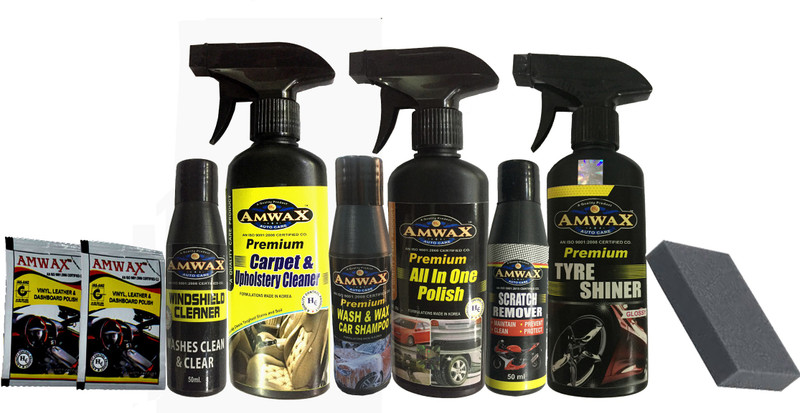 amwax Tyre Shiner 250 ML, All In One Polish 250 ML, Carpet & Upholstery Cleaner 250 ML, Wash & Wax 50 ML, Scratch Remover 50 ML, WindShield Cleaner 50 ML, Dashboard Polish 10 ML x 2 Pouch, Sponge Combo