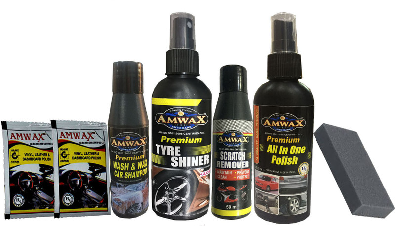 amwax Tyre Shiner 120 ML, Wash and Wax 50 Ml, Scratch Remover 50 Ml, Dashboard Polish Pouch 10 Ml x 2 Pc., 2 pc Sponge, All In One Polish 120 ML Combo