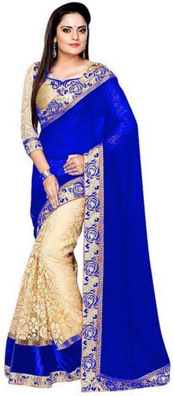 nancy villa Embroidered Bollywood Poly Georgette, Cotton Blend Saree(Blue)