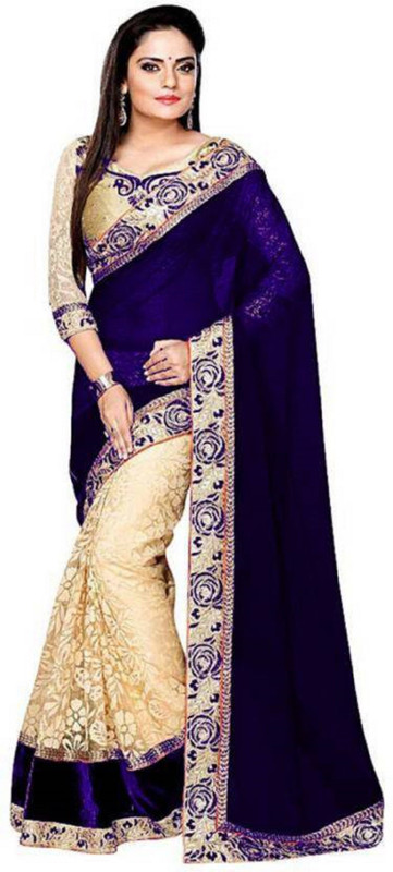 nancy villa Embroidered Bollywood Georgette, Net Saree(Dark Blue)