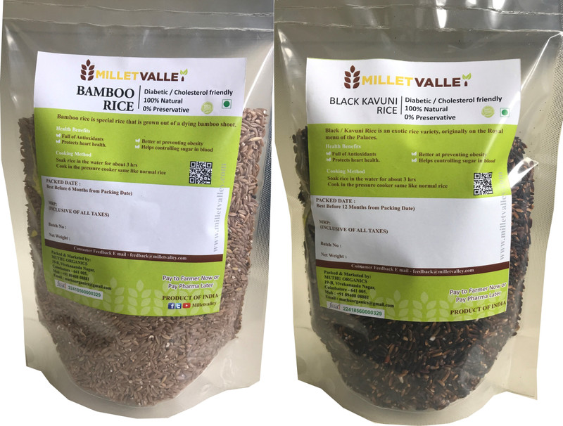 millet valley WILD RICE COMBO - BAMBOO RICE+ BLACK KAVUNI RICE 400G EACH Black Wild Rice (Medium Grain, Unpolished)(800 g)