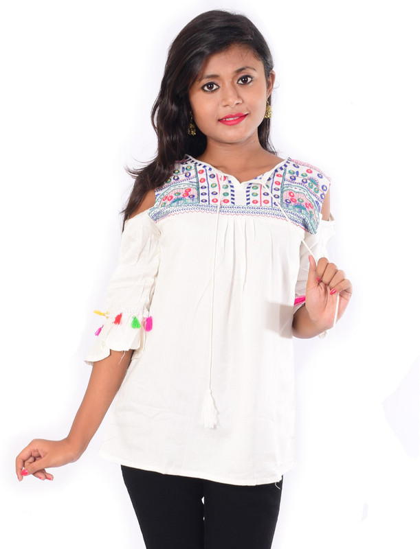 xposy Party Cold Shoulder Embroidered Women White Top