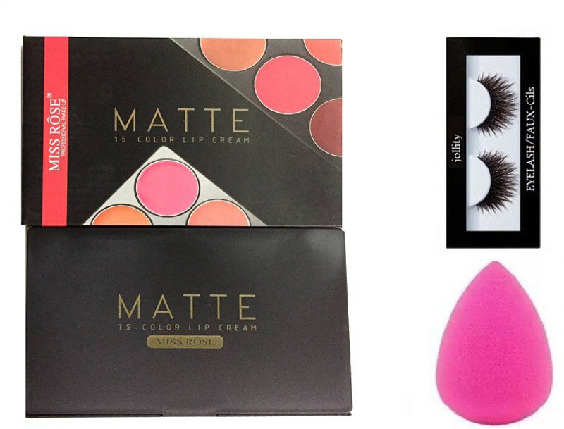 jollity Eyelash And Miss Rose 15 Color Lip Cream And 1 Blender puff combo Pack of 3(3 Items in the set)