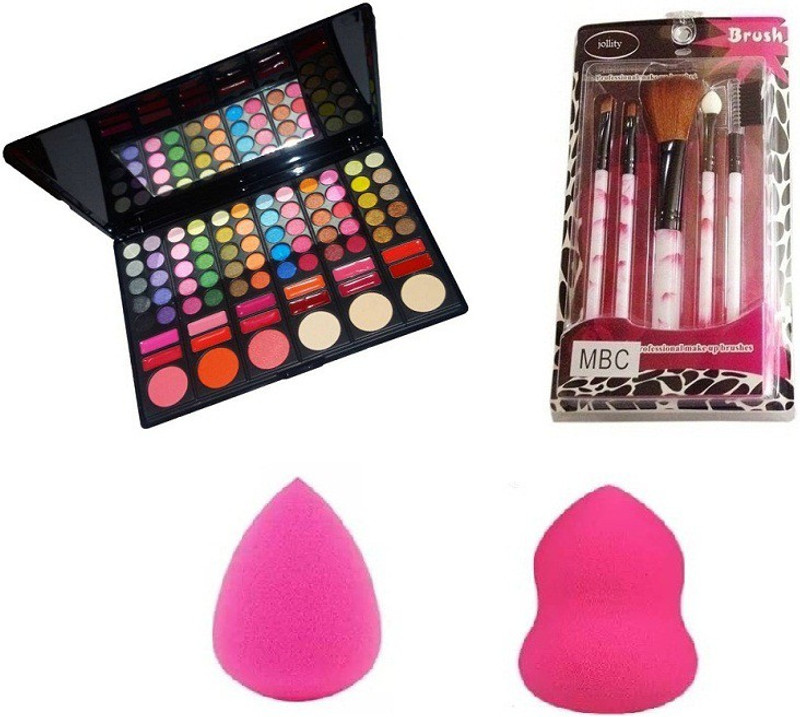 jollity Make Up Brush of High Quality Set Of 5 And Miss Rose 3 D Series 60 Color Make Up Kit And Two Blender Puff Combo Pack Of 4(4 Items in the set)