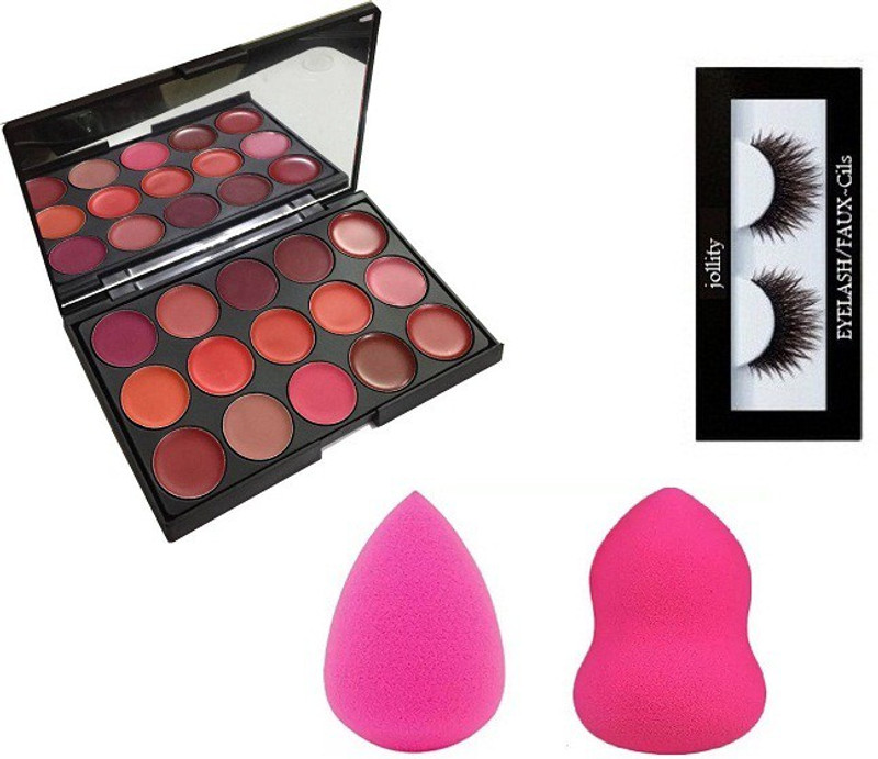 jollity Eyelash And Miss Rose 15 Color Lip Cream Platte And Two Blender Puff(4 Items in the set)