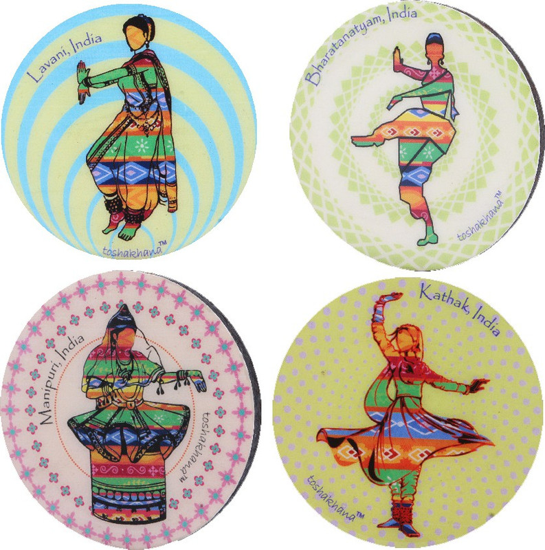 toshakhana 837 Round MDF Indian Dance Series India Souvenir Coaster Fridge Magnet Pack of 4(Multicolor)