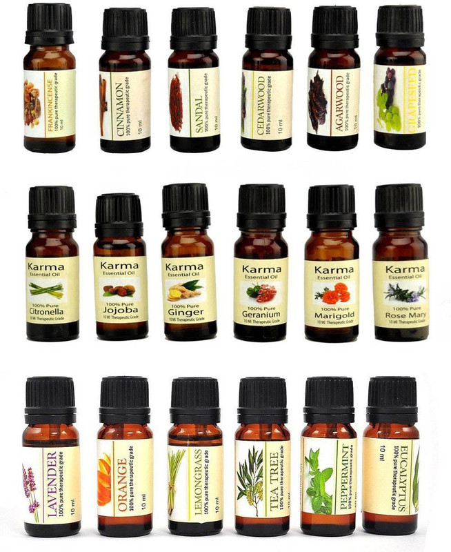 karmakara Karma Set of 18 100% Pure Therapeutic Essential Oils aroma Rose Marry,Marigold,Jojoba,Ginger,Geranium,Citronella cinnamon, cedarwood, agerwood, grapeseed, sandal, frankincense lavender, tea tree, Eucalyptus, orange, lemon grass, peppermint 10ml(180 ml)