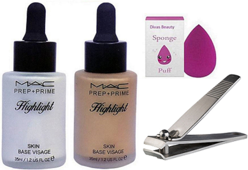 divas beauty Sponge Puff&Prep+Prime Highlight 2, Stainless Steel Nail Clipper(Set of 4)