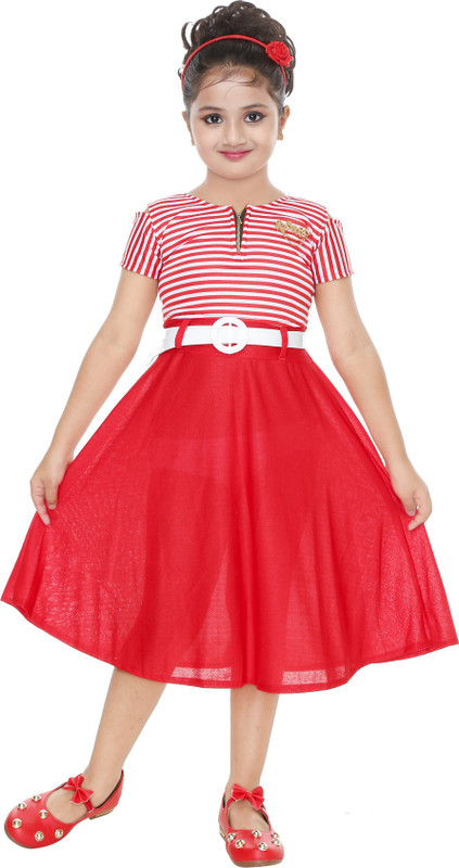 smartbazar Girls Midi/Knee Length Casual Dress(Red, Half Sleeve)