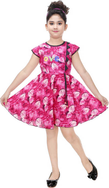unique trends Girls Midi/Knee Length Casual Dress(Pink, Cap Sleeve)