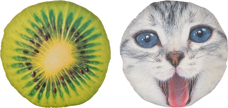 Deals India 3D Creative Plus Squishy Fruit pillow Back Cushion - kiwi (35 cm) and Animal 3D print cushion - Cat (35 cm) set of 2  - 35 cm(Multicolor)