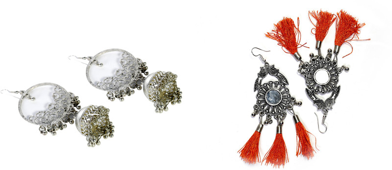 prasi style combo of silver oxidised jhumki and beige Wooden Earrings Metal Jhumki Earring