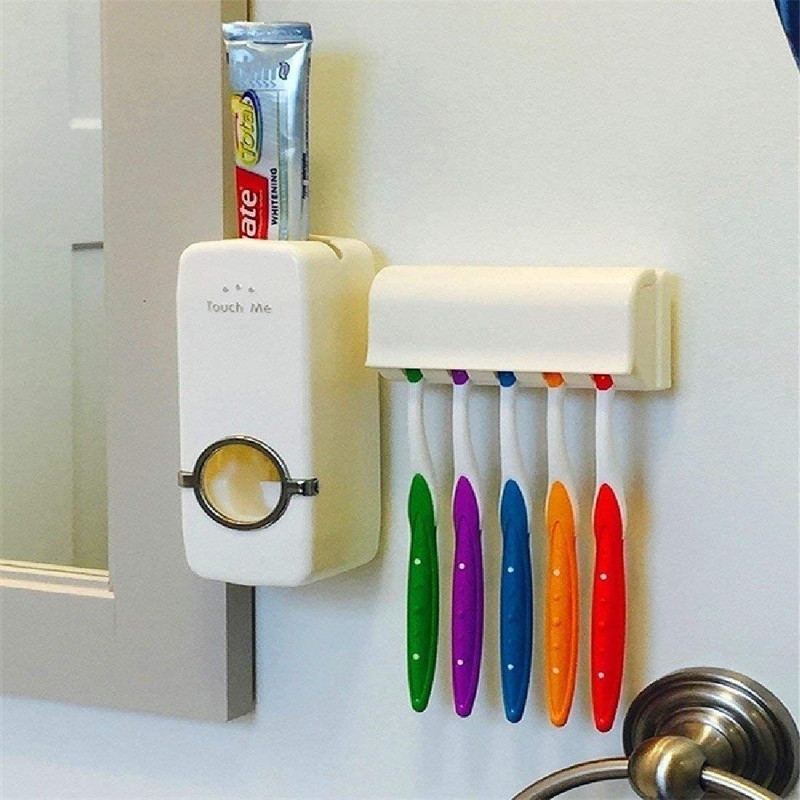 craftsworth Hands Free Toothpaste Dispenser Automatic Squeezer And Holder Set Plastic Toothbrush Holder(Multicolor, Wall Mount)