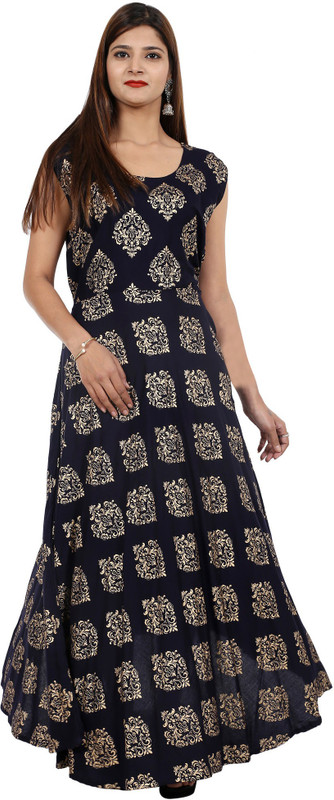 sablani Women Block Print, Floral Print Flared Kurta(Blue)