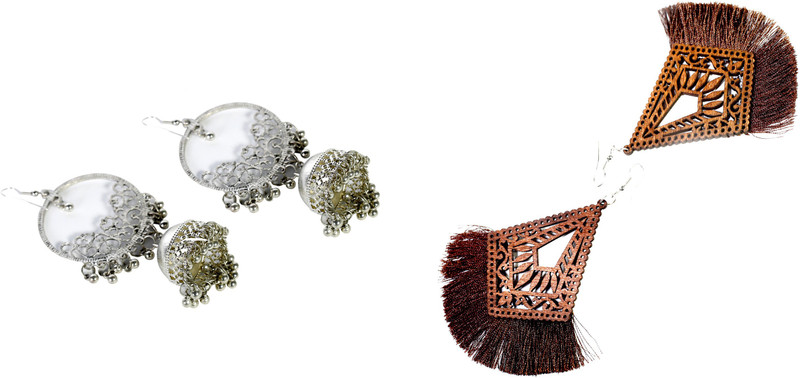 prasi style combo of beautiful silver oxidised jhumki and wooden for casual office going Women Metal Jhumki Earring