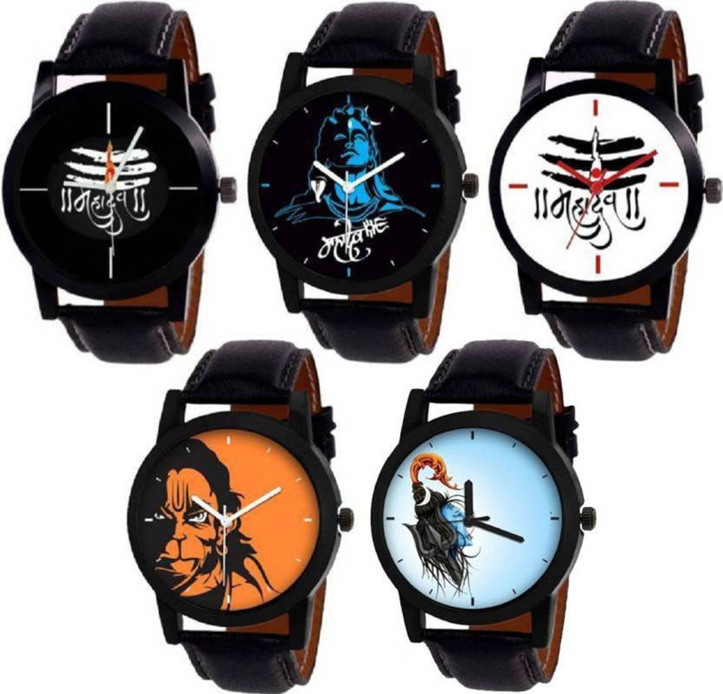 mahadev fashion Lord Shiva-Mahadev-Hanuman483 Print On Dial With Leather Strap 5 Watch Combo Mh 460-463-white-Hanuman-Jata vala Analog Watch  - For Men