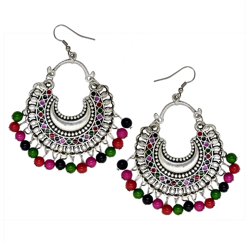 kriswa Silver Plated Oxidised Chandbali Earring with multicolour beads Alloy Chandbali Earring
