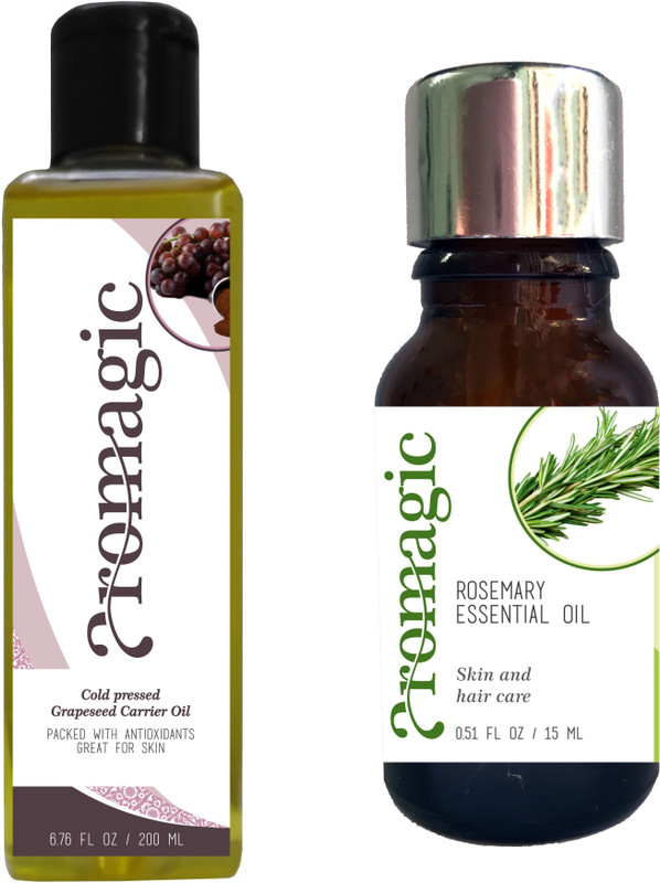 aromagic Pure Grapeseed Carrier Oil + Pure Rosemary Essential oil - Hair thickening combo (100% Pure and Natural Cold Pressed) Hair Oil(215 ml)
